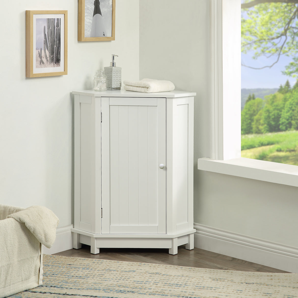White Bathroom Cabinet Triangle Corner Storage Cabinet with Adjustable Shelf Modern Style MDF Board - V.I.P Digital Presence