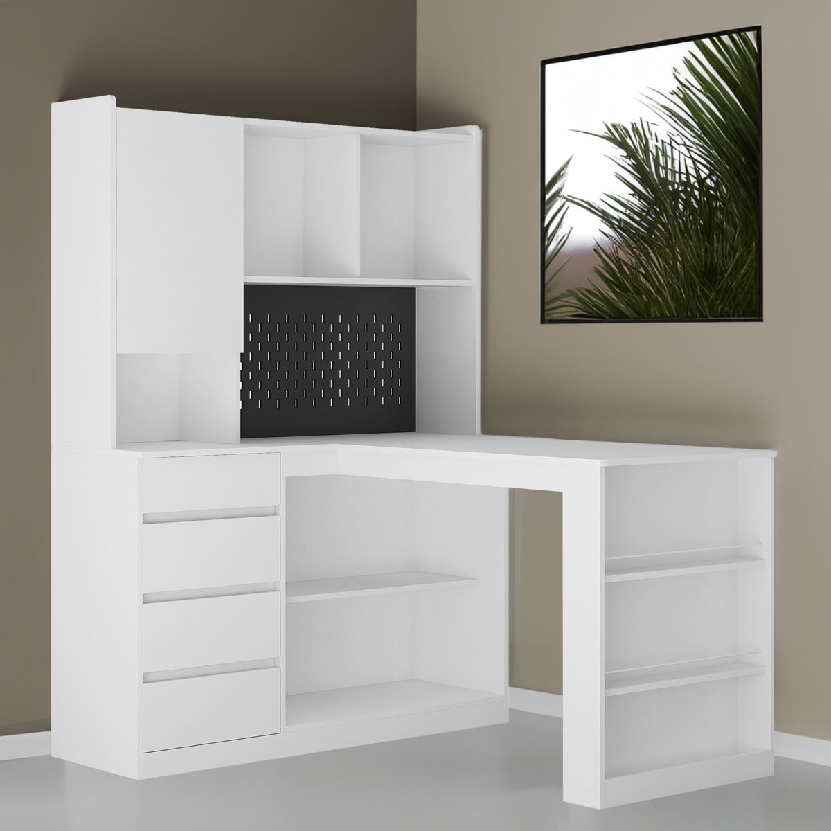 L-shaped office desk with charger, bookshelf with drawers and LED lights, and corner gaming computer desk with storage space - V.I.P Digital Presence