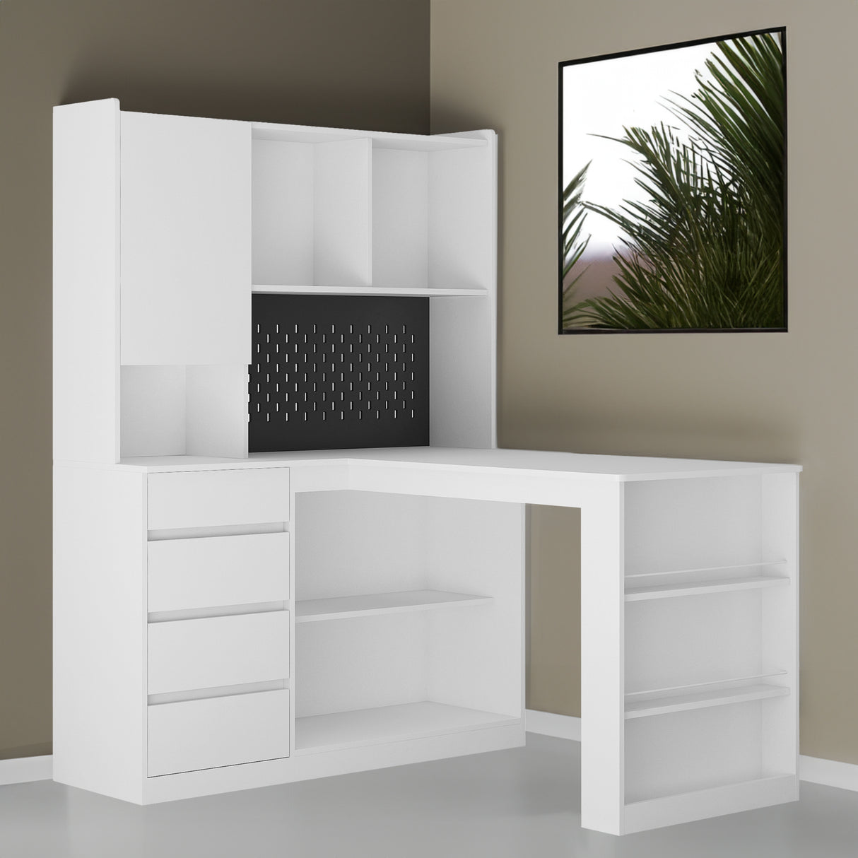 L-shaped office desk with charger, bookshelf with drawers and LED lights, and corner gaming computer desk with storage space - V.I.P Digital Presence