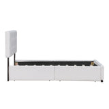 Upholstered Platform Bed with Classic Headboard and 4 Drawers No Box Spring Needed Linen Fabric Queen Size White - V.I.P Digital Presence