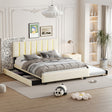 Queen Size Upholstered Platform Bed with 2 Drawers and 1 Trundle, Classic Metal Strip Headboard Design, Beige - V.I.P Digital Presence