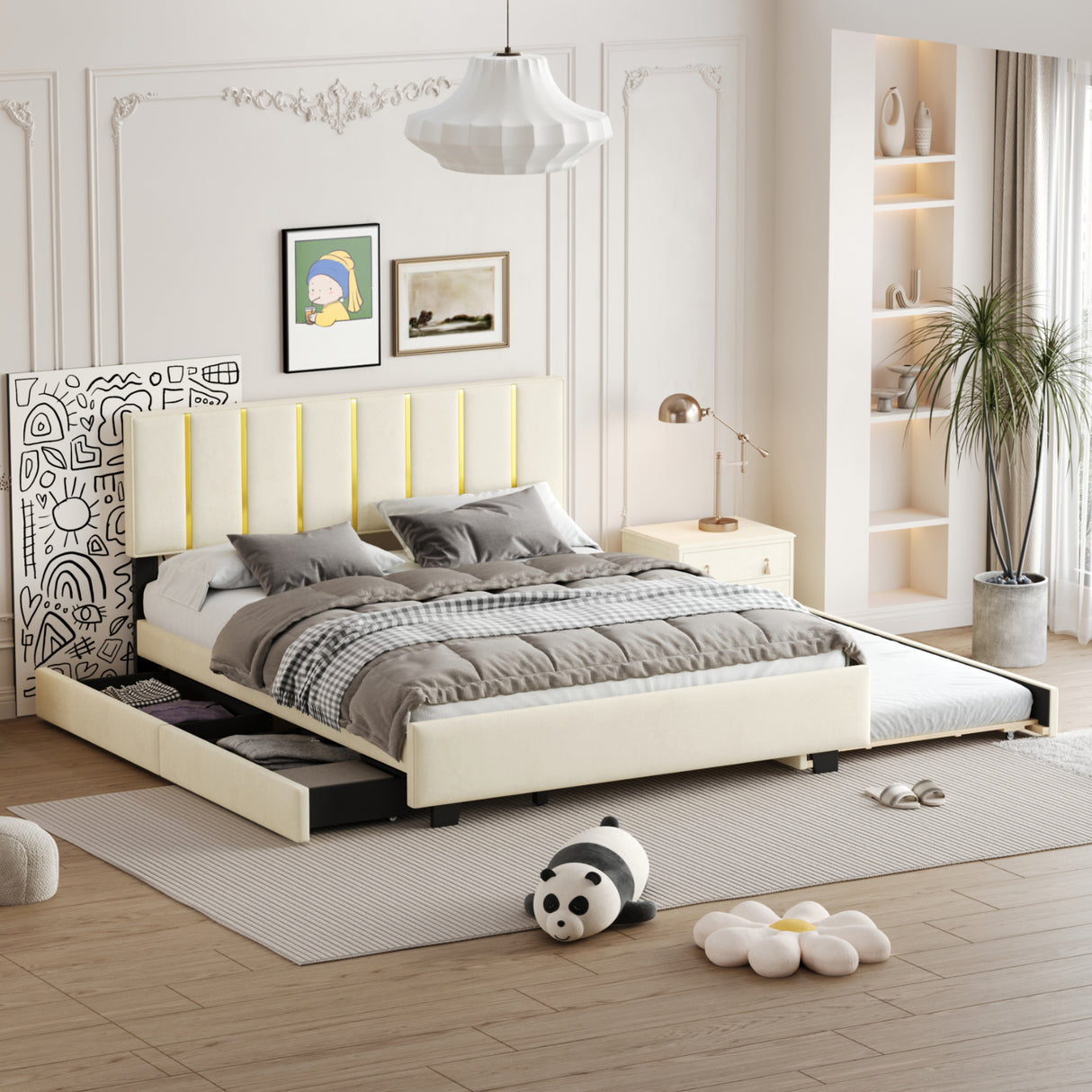 Queen Size Upholstered Platform Bed with 2 Drawers and 1 Trundle, Classic Metal Strip Headboard Design, Beige - V.I.P Digital Presence
