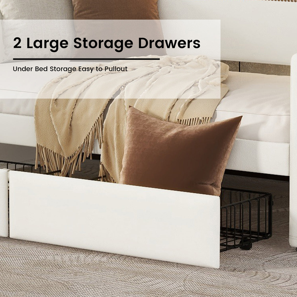 Twin Size Daybed with Drawers, Upholstered Daybed with Charging Station and LED Lights, White - V.I.P Digital Presence