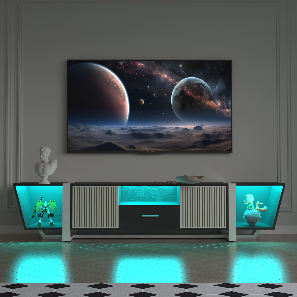 TV console with storage cabinet, dual flat LED TV stand with remote control, multi-mode light with power cord, black - V.I.P Digital Presence
