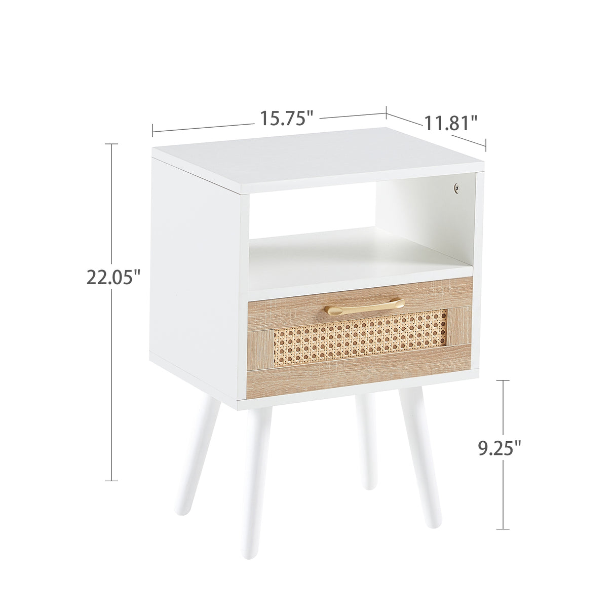15.75" Rattan End table with drawer and solid wood legs Modern nightstand side table for living room  white - V.I.P Digital Presence