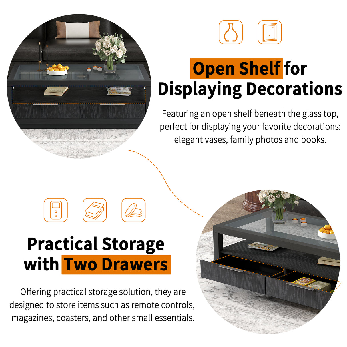 U-Can modern wooden coffee table with 2 drawers and minimalist display coffee table with transparent tempered glass - V.I.P Digital Presence