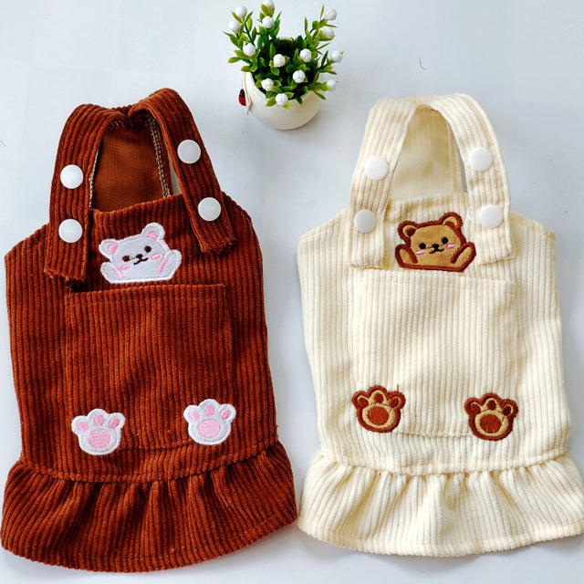 Pet Spring and Autumn Bears Embroidery Corduroy Strap Dress Cat Dog Clothes Teddy Korean Bibear Pomeranian VIP - V.I.P Digital Presence