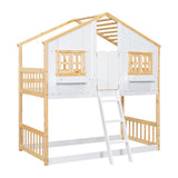 Twin over Twin House Bunk Bed with Roof , Window, Window Box, Door , with Safety Guardrails and Ladder, Natural/White - V.I.P Digital Presence