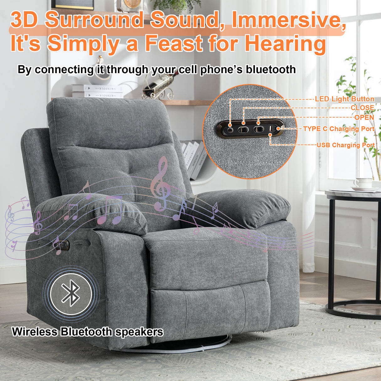 270 degree rotating electric recliner speaker with LED light, USB+C charging port, extendable foot pedal, adjustable backrest - V.I.P Digital Presence