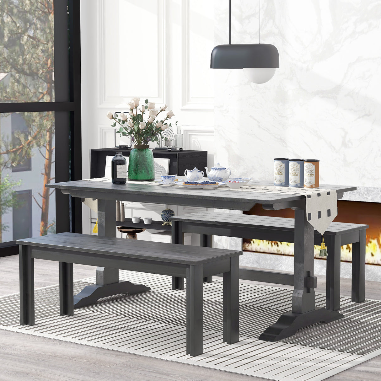 TREXM 3-piece retro cutlery set, rectangular stand table, and 2 wooden stools for 4 people (gray) - V.I.P Digital Presence