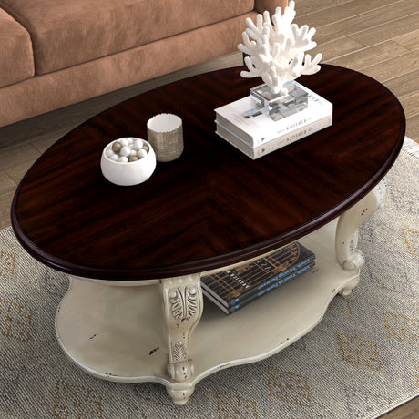 42 inch oval wooden coffee table, 2-story solid wood cocktail table with open storage rack, antique white and cherry tabletop - V.I.P Digital Presence