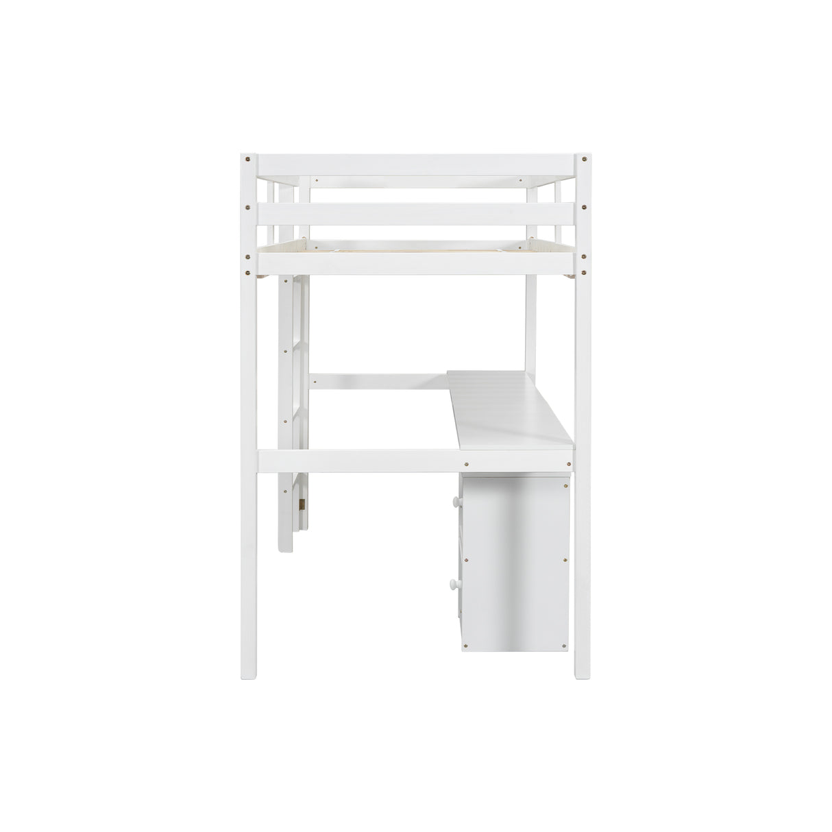 Twin Loft Wood Bed with Under-bed, Built-in Desk, a Storage Cabinet of 2 Drawers, Guardrails, Ladder,White - V.I.P Digital Presence