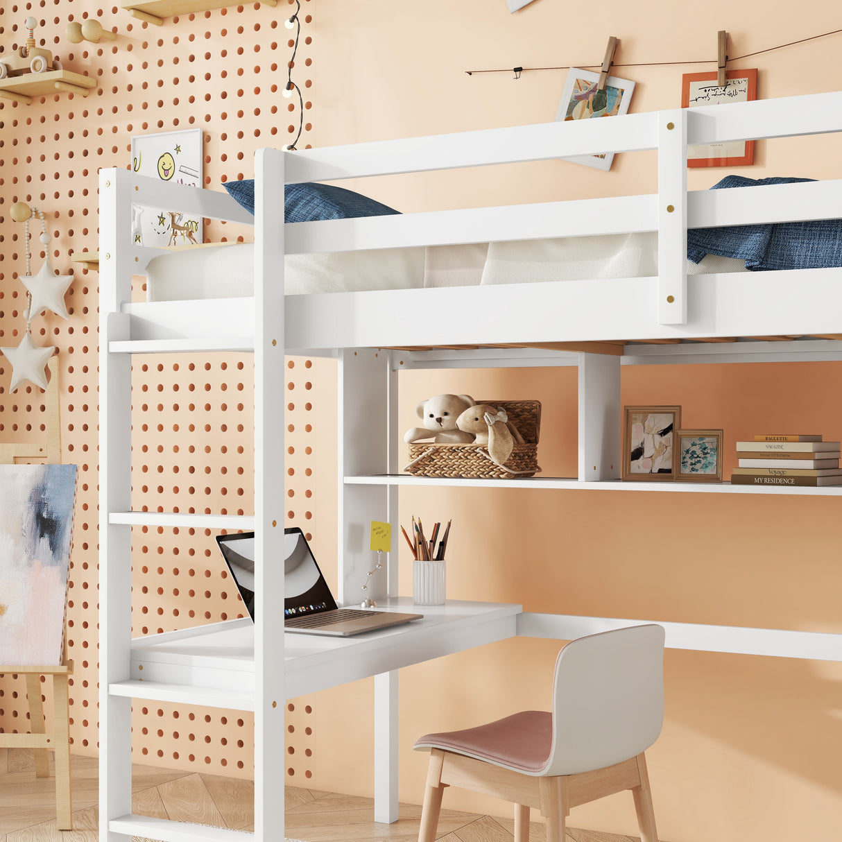 Twin Loft Bed with built-in desk and bookcase of three compartments, Guardrails and Ladder,White - V.I.P Digital Presence