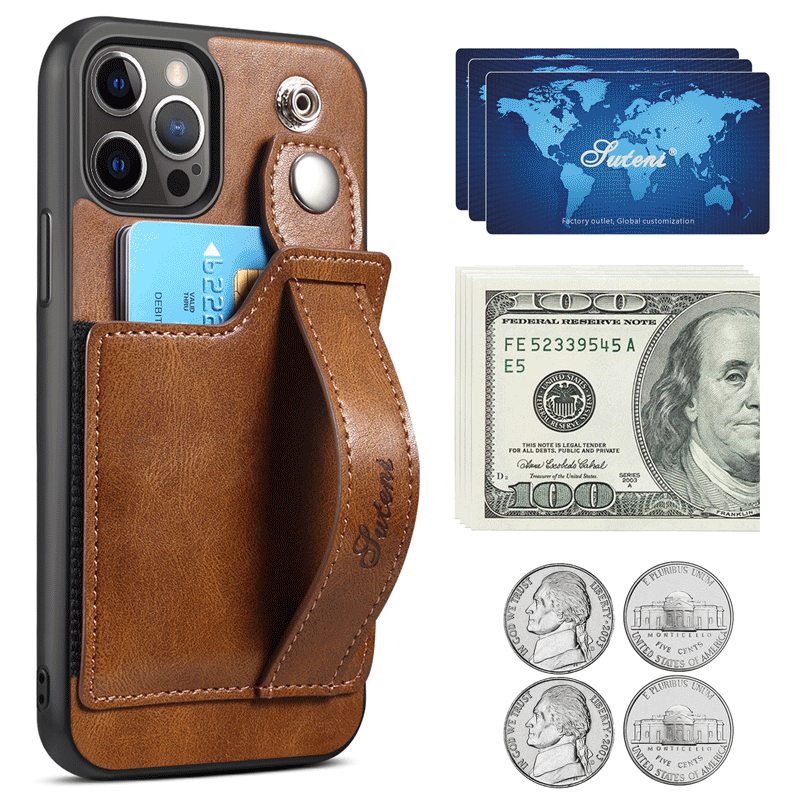 Funda para iPhone 14ProMax, funda de piel con ranuras para tarjetas, compatible con Apple iPhone 14Pro, con función de muñeca y funda protectora trasera. 