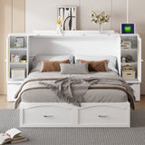 Large Murphy bed wall mounted bed with drawers, 2 storage cabinets, 1 set of sockets and USB ports, white - V.I.P Digital Presence