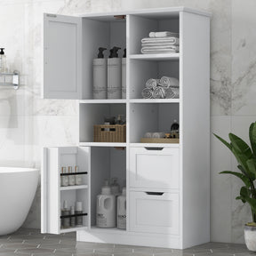 Bathroom storage cabinet with doors and drawers, multiple storage spaces, independent, open adjustable shelves, white - V.I.P Digital Presence