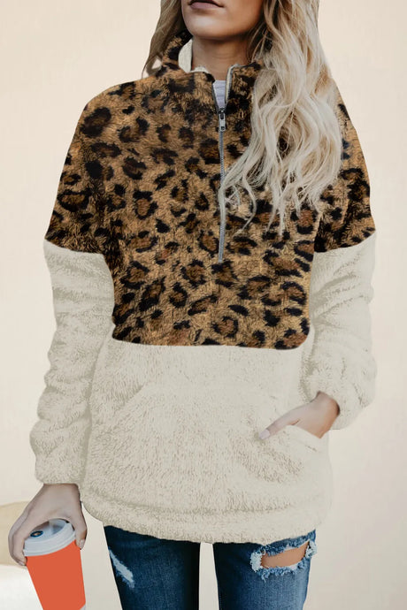 Color Block Half Zip Long Sleeve Fuzzy Sweatshirt - V.I.P Digital Presence
