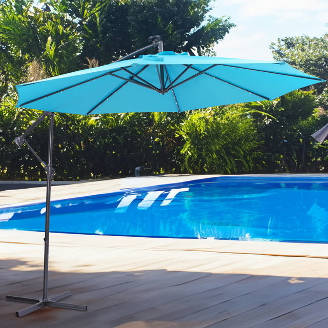 10 FT Solar LED Patio Outdoor Umbrella Hanging Cantilever Umbrella Offset Umbrella Easy Open Adustment with 32 LED Lights - V.I.P Digital Presence