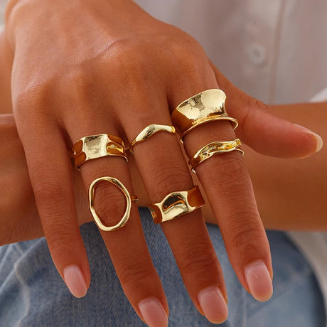 Ingemark 6Pcs/Set Punk Irregular Hollow Folded Metal Cuff Rings for Women Vintage Geometric Adjustable Open Finger Rings Jewelry - V.I.P Digital Presence