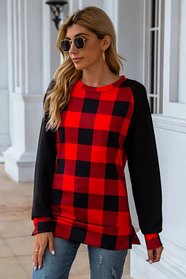 Plaid Round Neck Long Sleeve T-Shirt - V.I.P Digital Presence