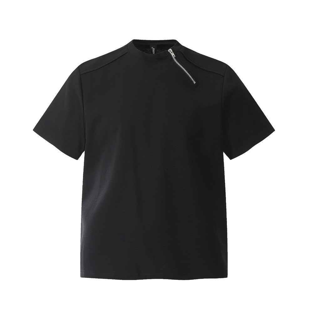 Zipper Design Heavyweight Short Sleeve T-Shirt Men's Loose Round Neck Half Sleeve Tee - V.I.P Digital Presence
