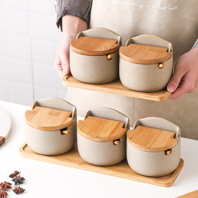 Japanese Ceramic Bamboo and Wood Lid Seasoning Jar Seasoning Box Kitchen Seasoning Storage Jar Salt Sugar Jar Set - V.I.P Digital Presence