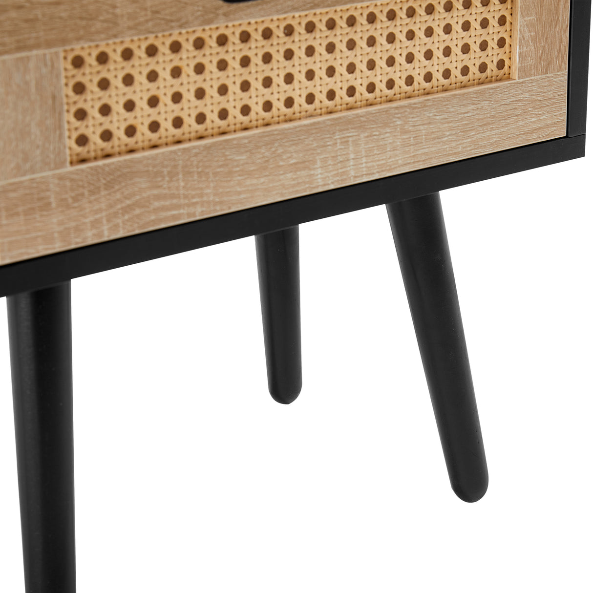 15.75" Rattan End table with drawer and solid wood legs Modern nightstand side table for living room black - V.I.P Digital Presence