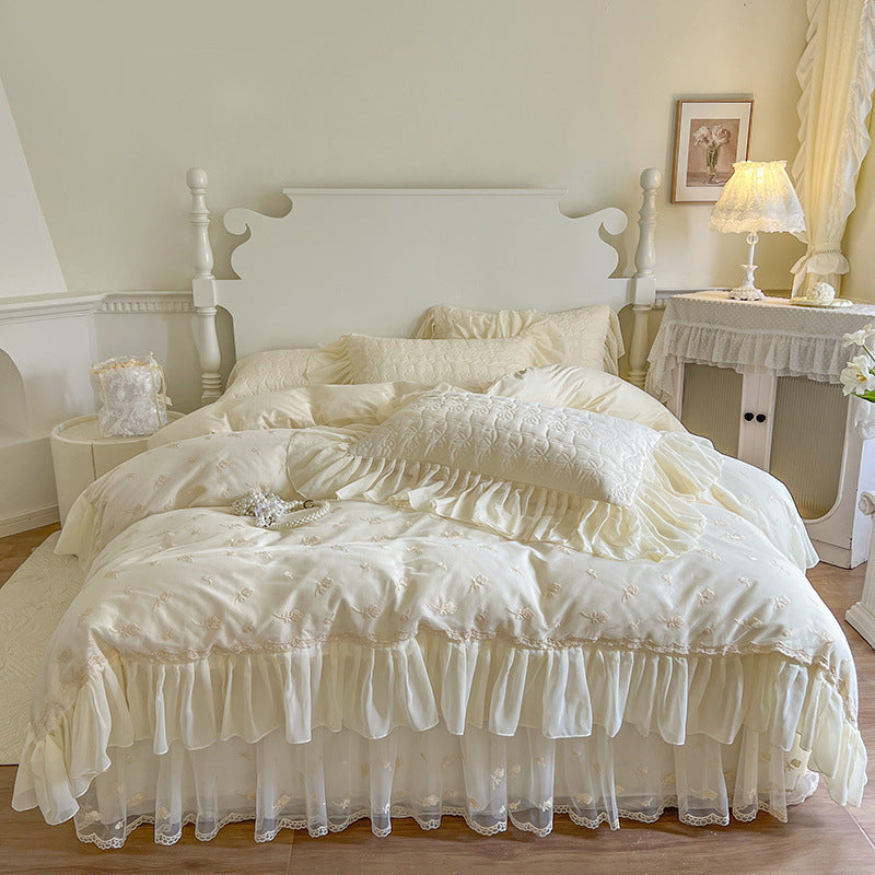 Lace rose embroidery all cotton four piece set pure cotton bed with cotton clip bed skirt duvet cover - V.I.P Digital Presence