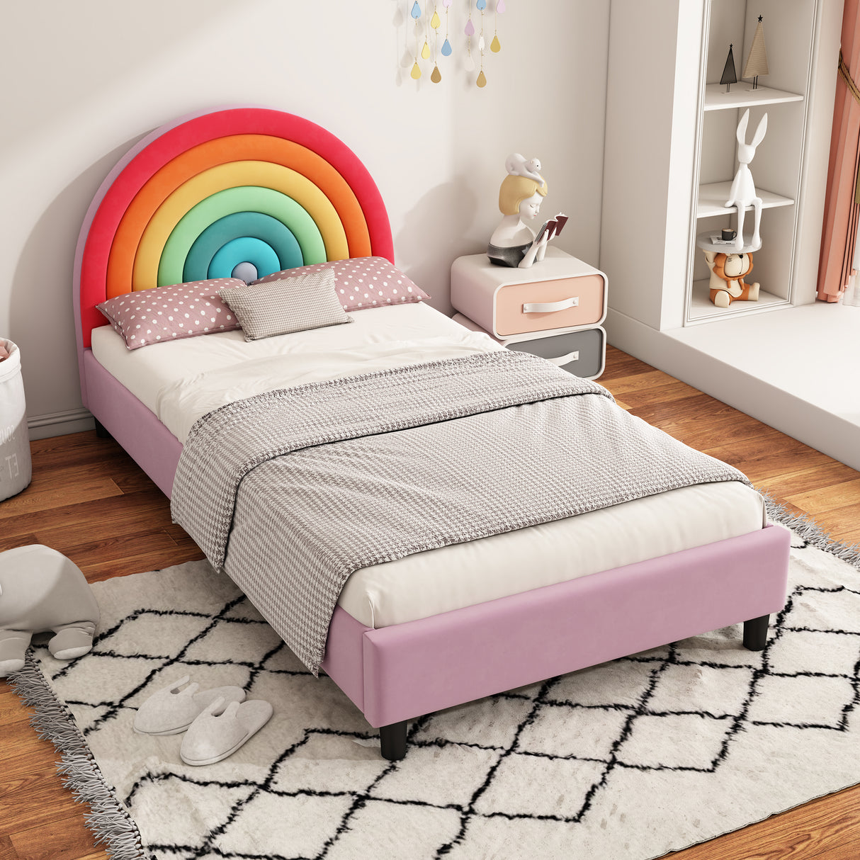 Rainbow Design Upholstered Twin Platform Bed Cute Style Princess Bed for Boys & Girls, Teens, Colorful & Pink - V.I.P Digital Presence