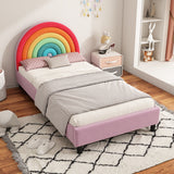 Rainbow Design Upholstered Twin Platform Bed Cute Style Princess Bed for Boys & Girls, Teens, Colorful & Pink - V.I.P Digital Presence