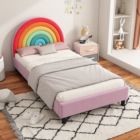 Rainbow Design Upholstered Twin Platform Bed Cute Style Princess Bed for Boys & Girls, Teens, Colorful & Pink - V.I.P Digital Presence