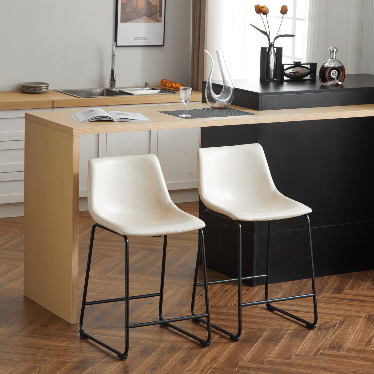 (2 sets) Retro style 24 inch armless industrial faux leather counter stool with metal legs and footrests, cream and black - V.I.P Digital Presence