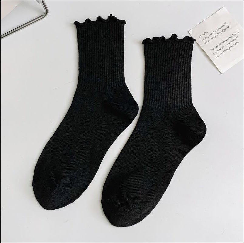 1 pair of ruffled JK socks for women mid-tube spring, autumn and summer solid color Japanese lace pile socks - V.I.P Digital Presence