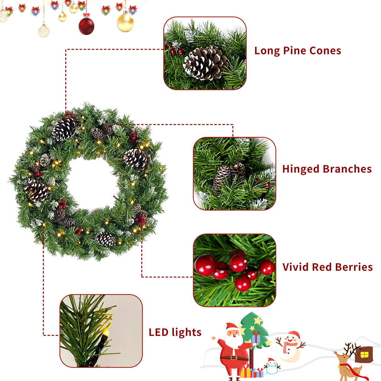 Christmas Tree Artificial Christmas 4-piece Set, including flower wreath, flower wreath, and 2 entrance trees, with LED lights - V.I.P Digital Presence