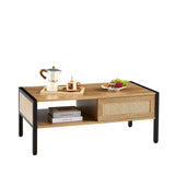 40.16" Rattan Coffee table, sliding door for storage, metal legs, Modern table for living room , natural - V.I.P Digital Presence