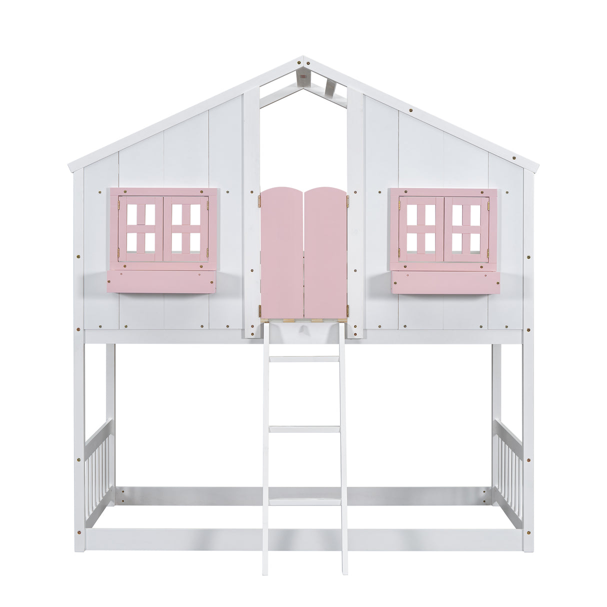Twin over Twin House Bunk Bed with Roof , Window, Window Box, Door , with Safety Guardrails and Ladder, Pink/White - V.I.P Digital Presence