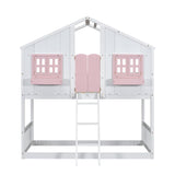 Twin over Twin House Bunk Bed with Roof , Window, Window Box, Door , with Safety Guardrails and Ladder, Pink/White - V.I.P Digital Presence