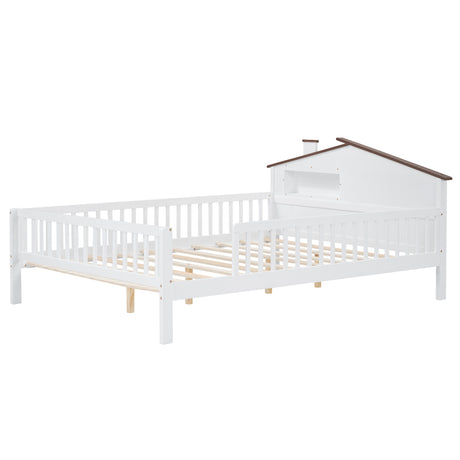 Full Size Wood Platform Bed with House-shaped Headboard, LED and Built-in Storage, White - V.I.P Digital Presence