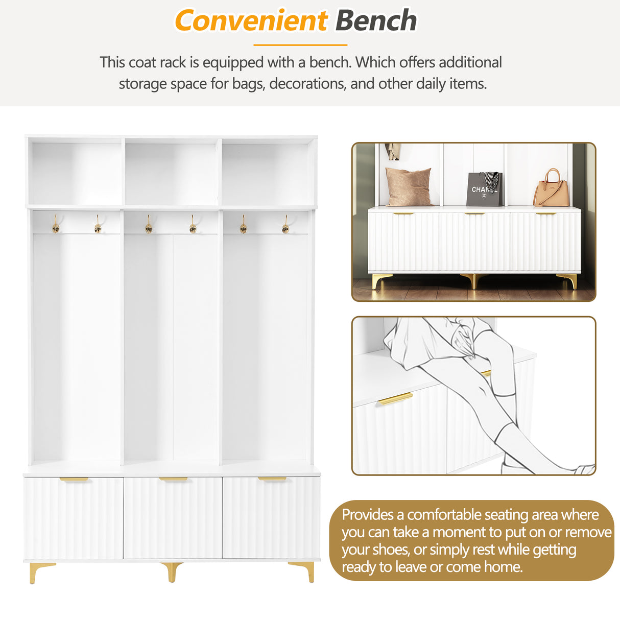 Large storage hall tree with bench, multifunctional storage platform, luxury clothes hanger equipped with 6 gold hooks - V.I.P Digital Presence