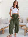 European and American women's elastic waisted pleated high waisted wide leg loose Haren cotton linen pants - V.I.P Digital Presence