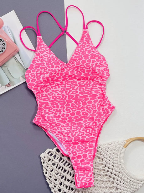Leopard Plunge Spaghetti Strap One-Piece Swimwear - V.I.P Digital Presence