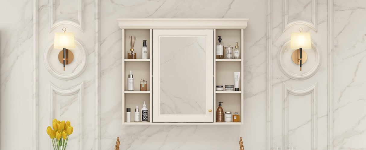 35'' x 28'' Blue Wall Mounted Bathroom Storage Cabinet with Mirror Door, Modern Bathroom Wall Cabinet with Mirror - V.I.P Digital Presence