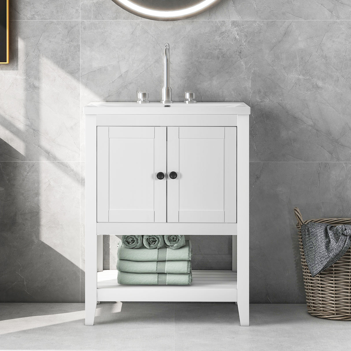 24" White Modern Sleek Bathroom Vanity Elegant Ceramic Sink with Solid Wood Frame Open Style Shelf - V.I.P Digital Presence