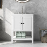 24" White Modern Sleek Bathroom Vanity Elegant Ceramic Sink with Solid Wood Frame Open Style Shelf - V.I.P Digital Presence