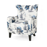 Modern retro printed fabric cushioned club chair, white and blue patterned armchair - V.I.P Digital Presence