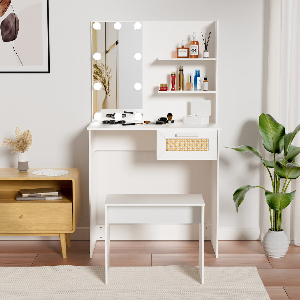 Vanity Desk Set Stool & Dressing Table with LED Lighting Mirror Drawer and Wood Cosmetic Table Chest of Drawers White Color - V.I.P Digital Presence