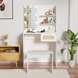 Vanity Desk Set Stool & Dressing Table with LED Lighting Mirror Drawer and Wood Cosmetic Table Chest of Drawers White Color - V.I.P Digital Presence