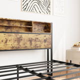 Queen Bed Frame with Storage Headboard Metal Platform Bed with Charging Station Bookcase Storage Black - V.I.P Digital Presence