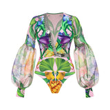 V-neck one-piece swimsuit for women bubble long sleeved sunscreen printed swimsuit - V.I.P Digital Presence