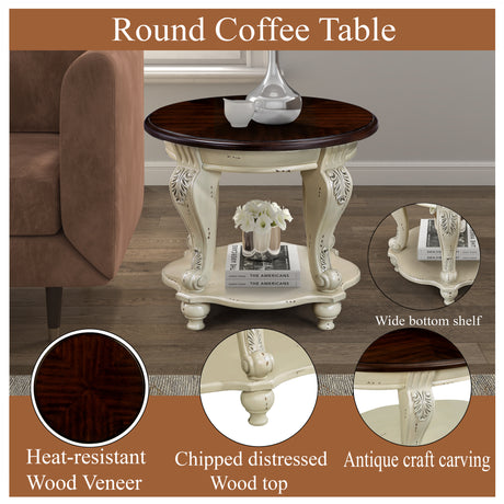 22 inch dual tone round head table, solid wood sofa side table with shelf, white and cherry tabletop - V.I.P Digital Presence